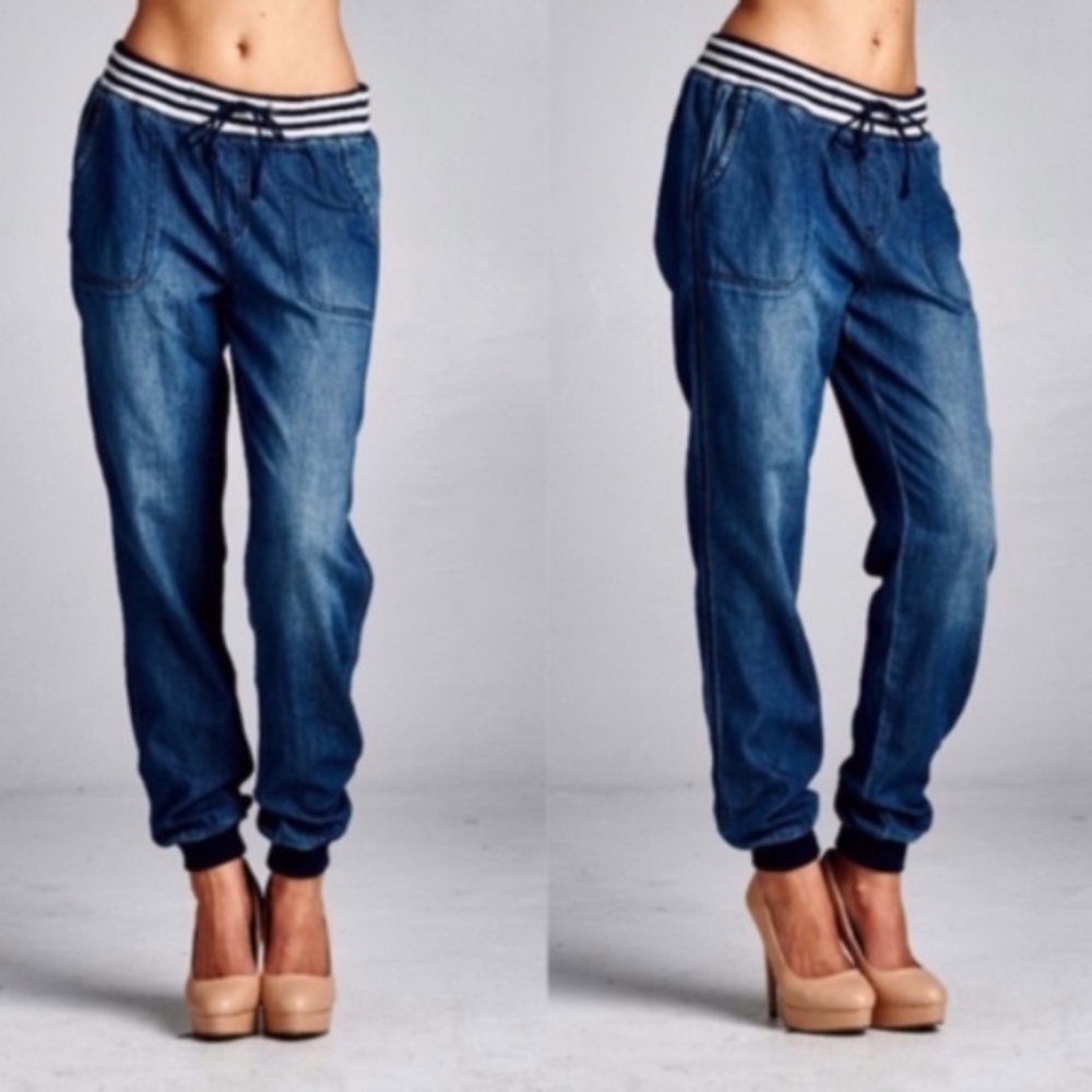 Dark Wash Striped Stretchy waistband Denim joggers - Picture 1 of 2